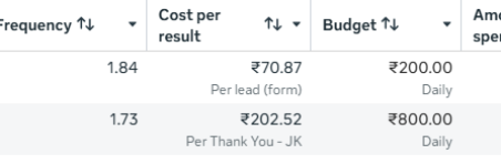 Meta Ads Manager rows for the college’s two campaigns. First row: frequency 1.84, cost per result ₹70.87 per lead (form), budget ₹200.00 daily. Second row: frequency 1.73, cost per result ₹202.52 per Thank You - JK, budget ₹800.00 daily.